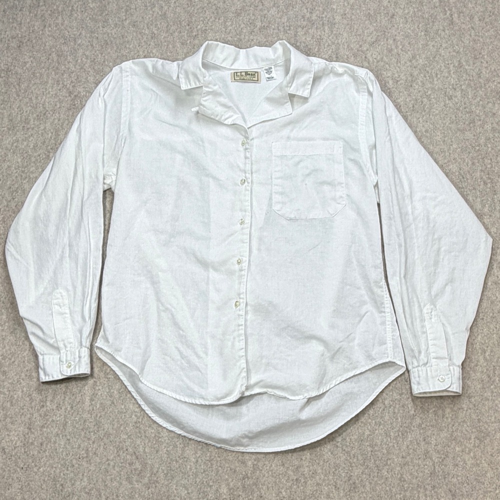 Vtg L.L. Bean Button Down Shirt Womens 10 Linen Blend White Coastal 90s Classic